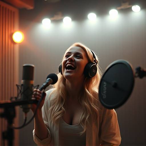 Aurora Bloom singing into a microphone in a recording booth, bathed in soft lighting