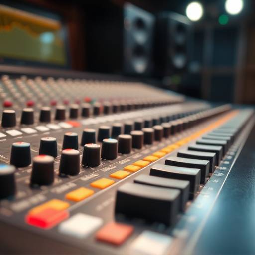 Close-up of a professional recording console with various knobs and faders