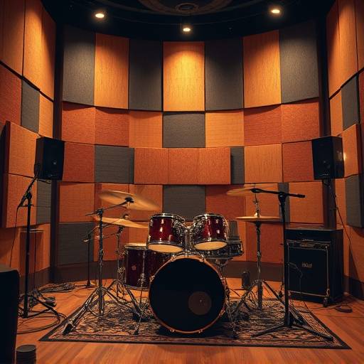 Live room in Celestial Sounds Studio with drum kit and acoustic treatment