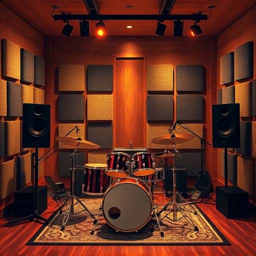 Live room in Celestial Sounds Studio with drum kit and acoustic treatment