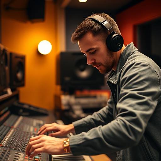 Mastering engineer fine-tuning audio settings in a professional mastering suite