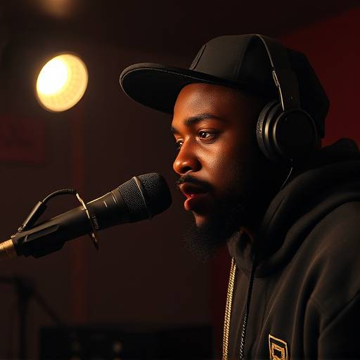 MC Cipher rapping into a microphone in a dimly lit studio, with a focused expression