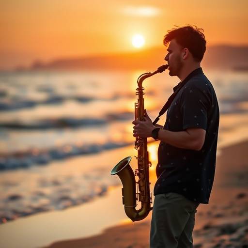 Saxophonist Skye playing her saxophone on the beach