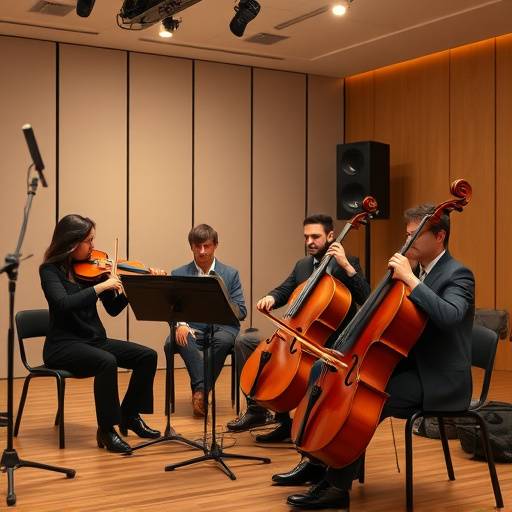 Serenity Strings Quartet performing a classical piece in the recording studio