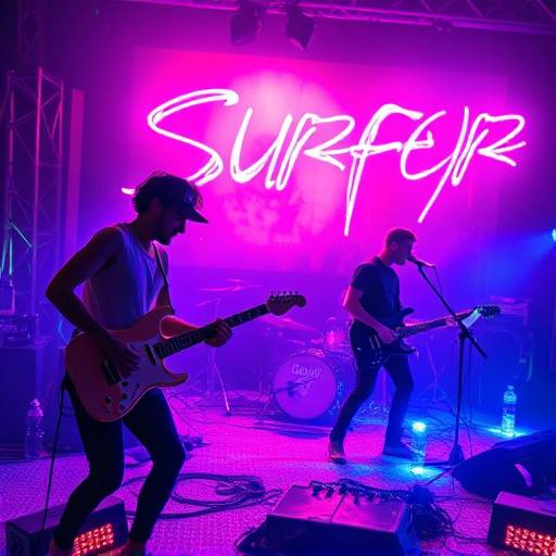 Synthwave Surfers performing live with neon lights illuminating their instruments
