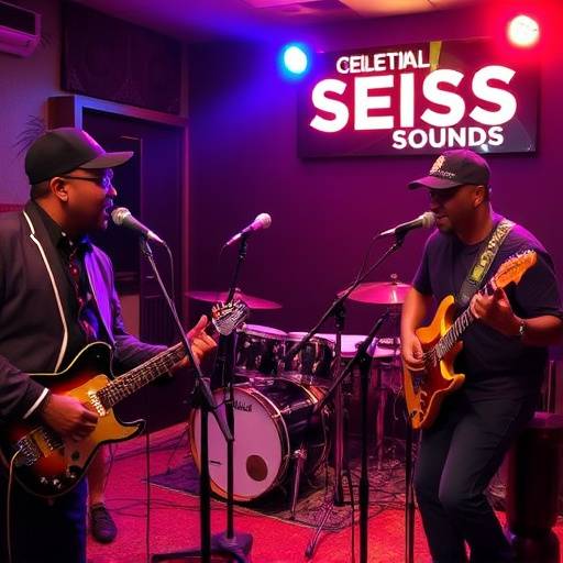 The Harlem Hustlers performing live in Celestial Sounds Studio's live room, surrounded by microphones and recording equipment